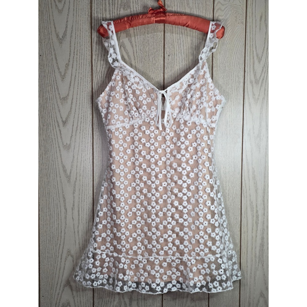 Just Me White Floral Lace Mini Dress Tan Lining Ruffle Strap Large